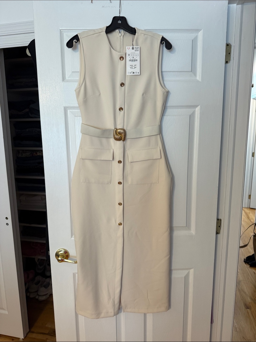 Zara Cream Sleeveless Button-Front Midi Dress with Gold Buckle Belt